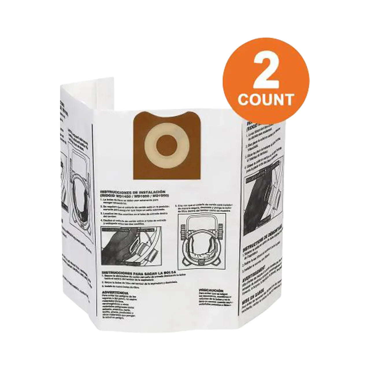 A white Go Build 12-16 gal. High-Efficiency Size A Wet/Dry Vacuum Dust Bag features printed instructions, a brown round opening at the top center, and an orange “2 COUNT” circle, highlighting shop vac replacement compatibility.